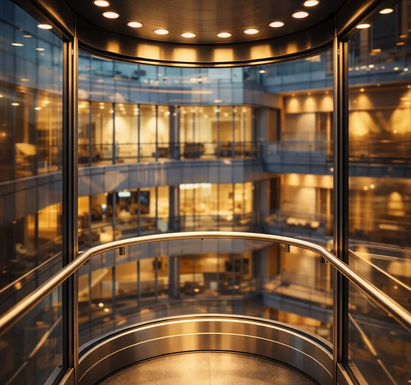 Interior lift panoramic premium dengan pencahayaan hangat
