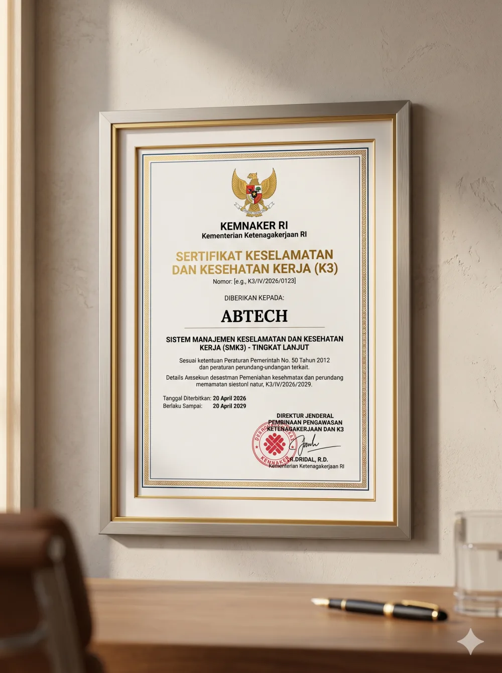 Sertifikat K3 Kemnaker RI PT Abdi Teknik Elevator.