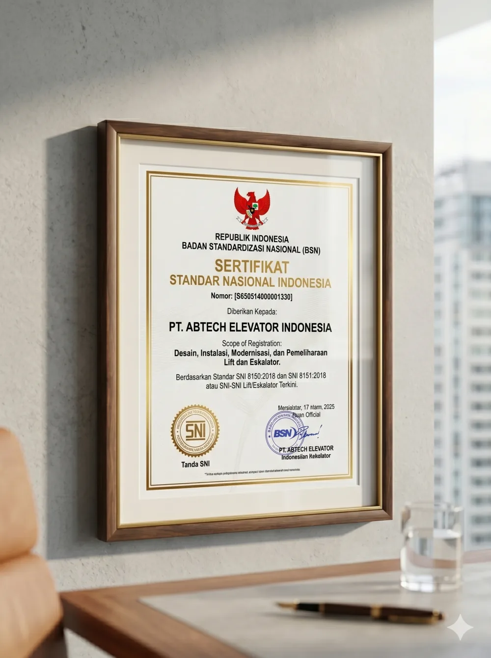 Sertifikat SNI Lift & Eskalator PT Abdi Teknik Elevator.