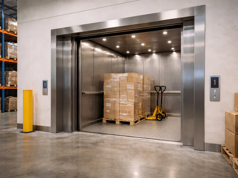 Freight lift berkapasitas besar di area gudang warehouse