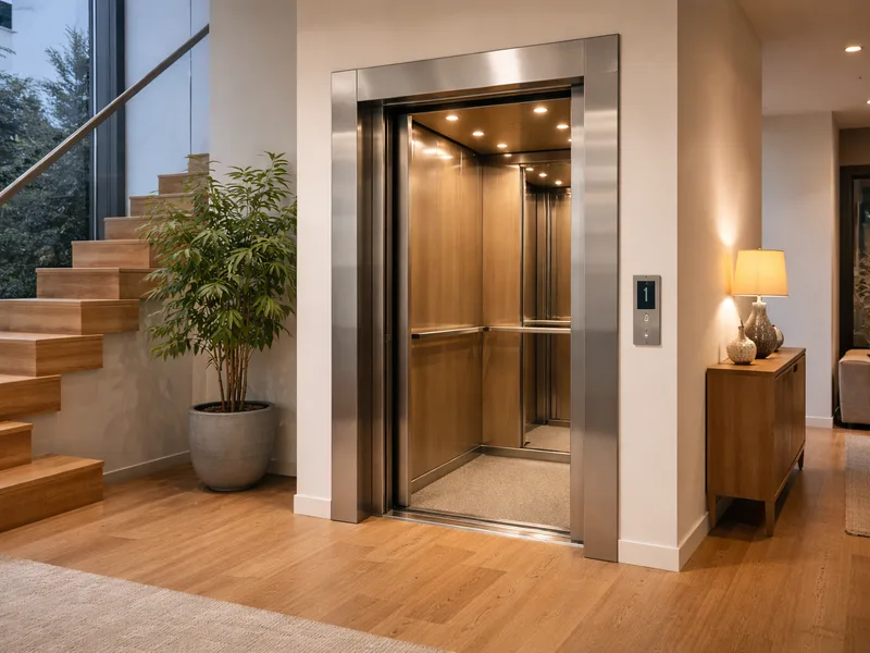 Home lift elegan dengan pintu kaca di rumah hunian modern