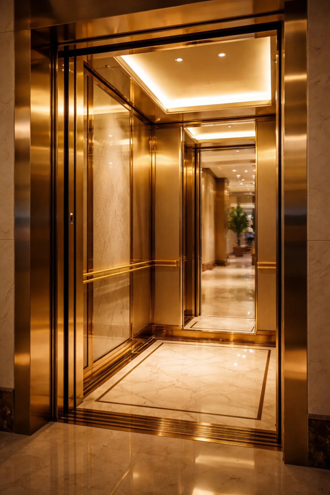 Interior lift mewah di lobi hotel dengan panel stainless dan aksen emas.