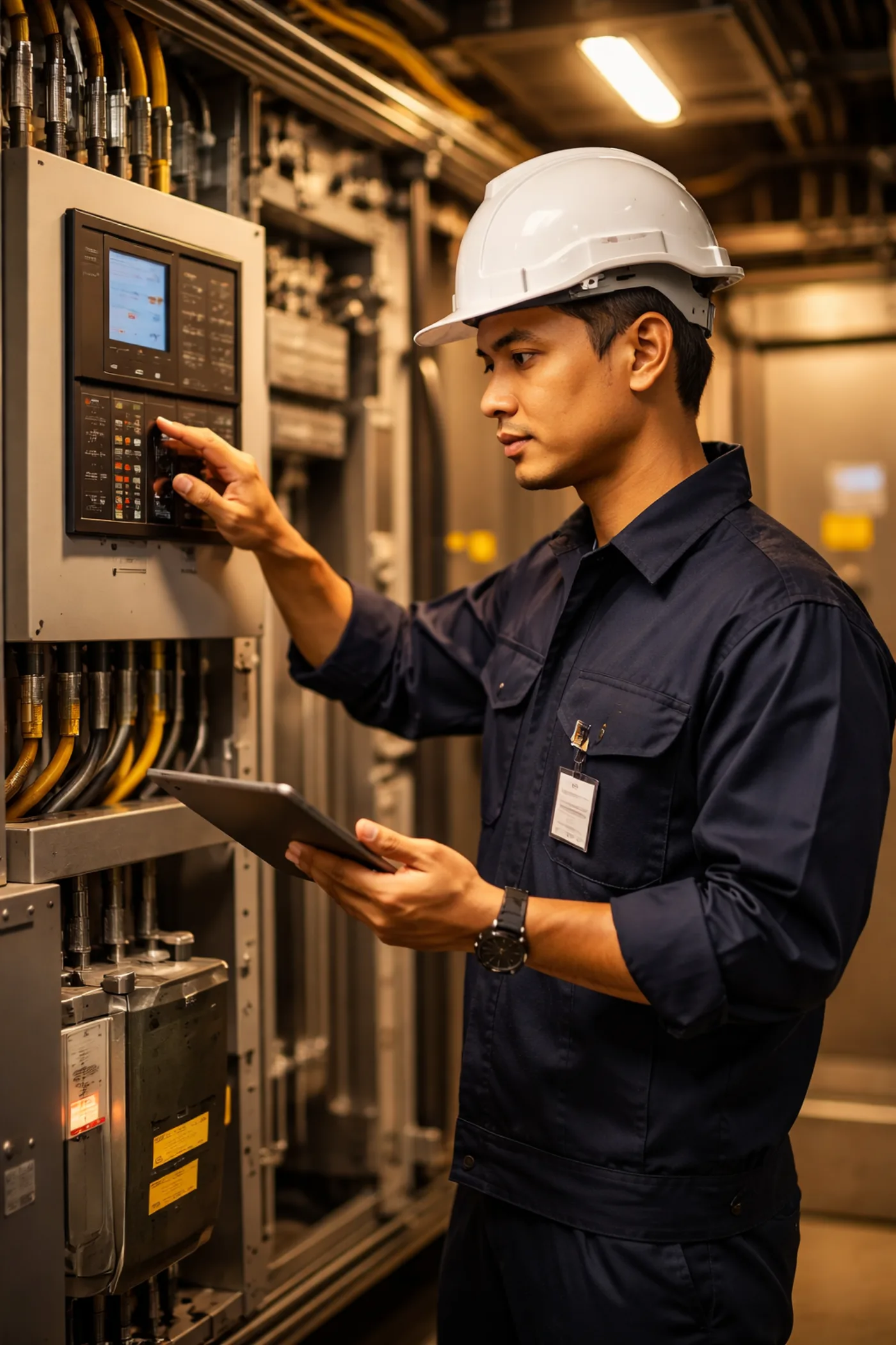 Teknisi ABTECH memeriksa panel kontrol di ruang mesin lift.